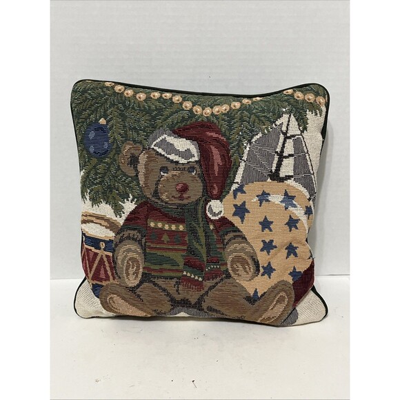 2 Vintage Christmas Throw Pillows Tapestry Needlepoint Teddy Bear And Angel - Picture 3 of 6